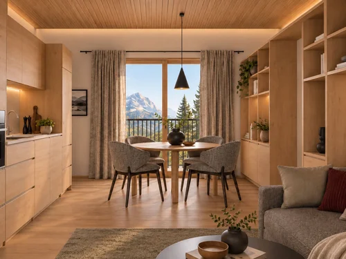 Accessibility | Hotel Panorama in Lech am Arlberg Wood-clad kitchen and living room with a dining table, sofa, and mountain view