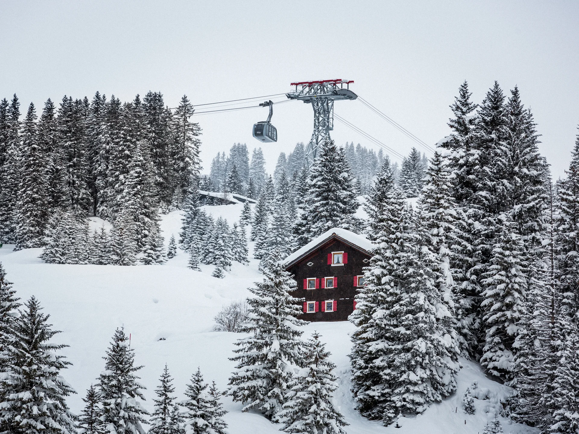 The journey to your hotel in Vorarlberg | Hotel Panorama Snow-covered mountain cabin among fir trees, with a gondola overhead